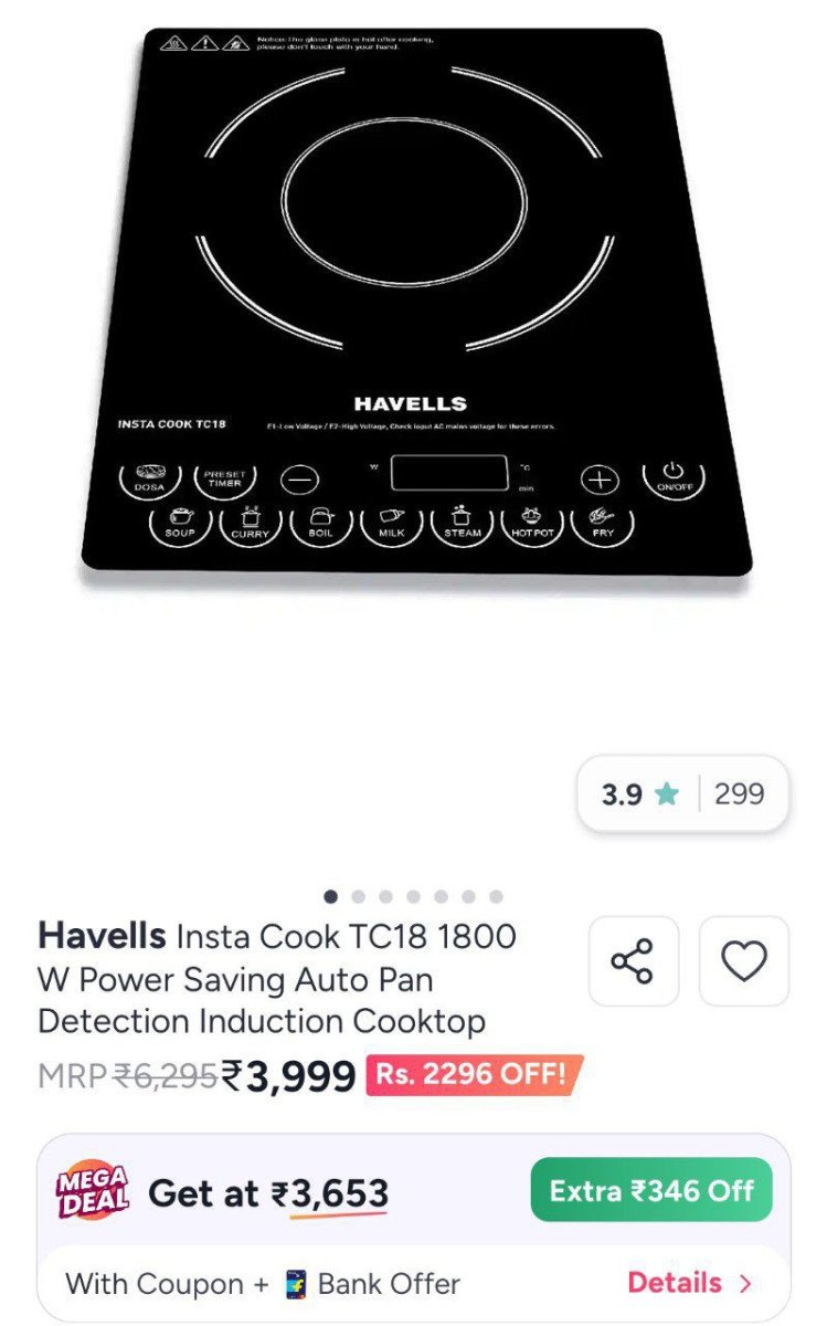 Myntra | Havells TC18 Induction cooktop at 3999 + Flat 20% w