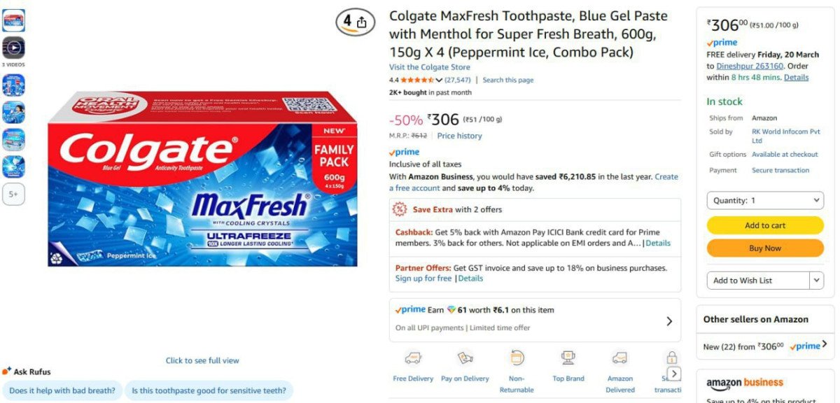 Colgate MaxFresh Toothpaste 600g, 150g X 4 @306.



More Det