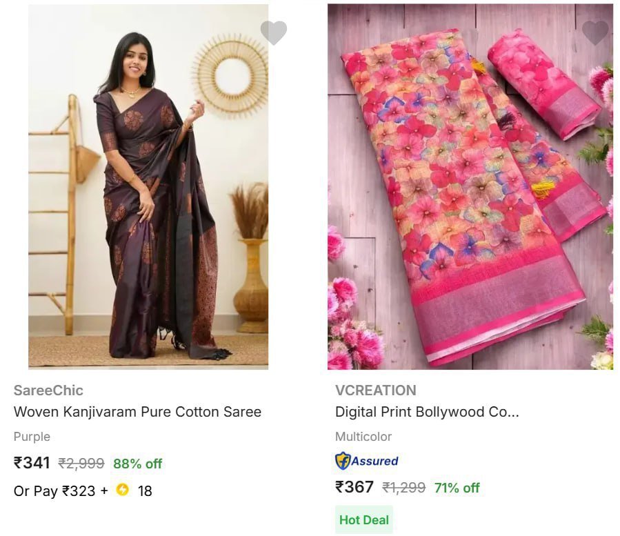 Saree Bonanza Under ₹399.

Cotton : 
Georgette : 
Woven : 