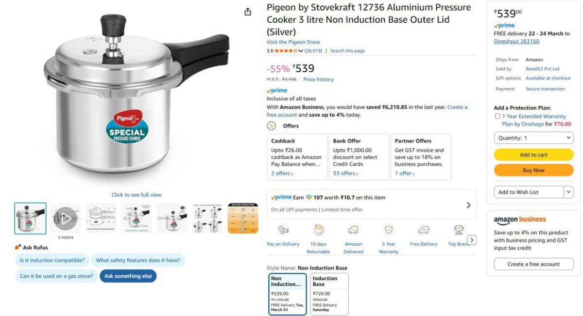 Pigeon Pressure Cooker 3 Ltr @539.
 


More Details 👉 

�