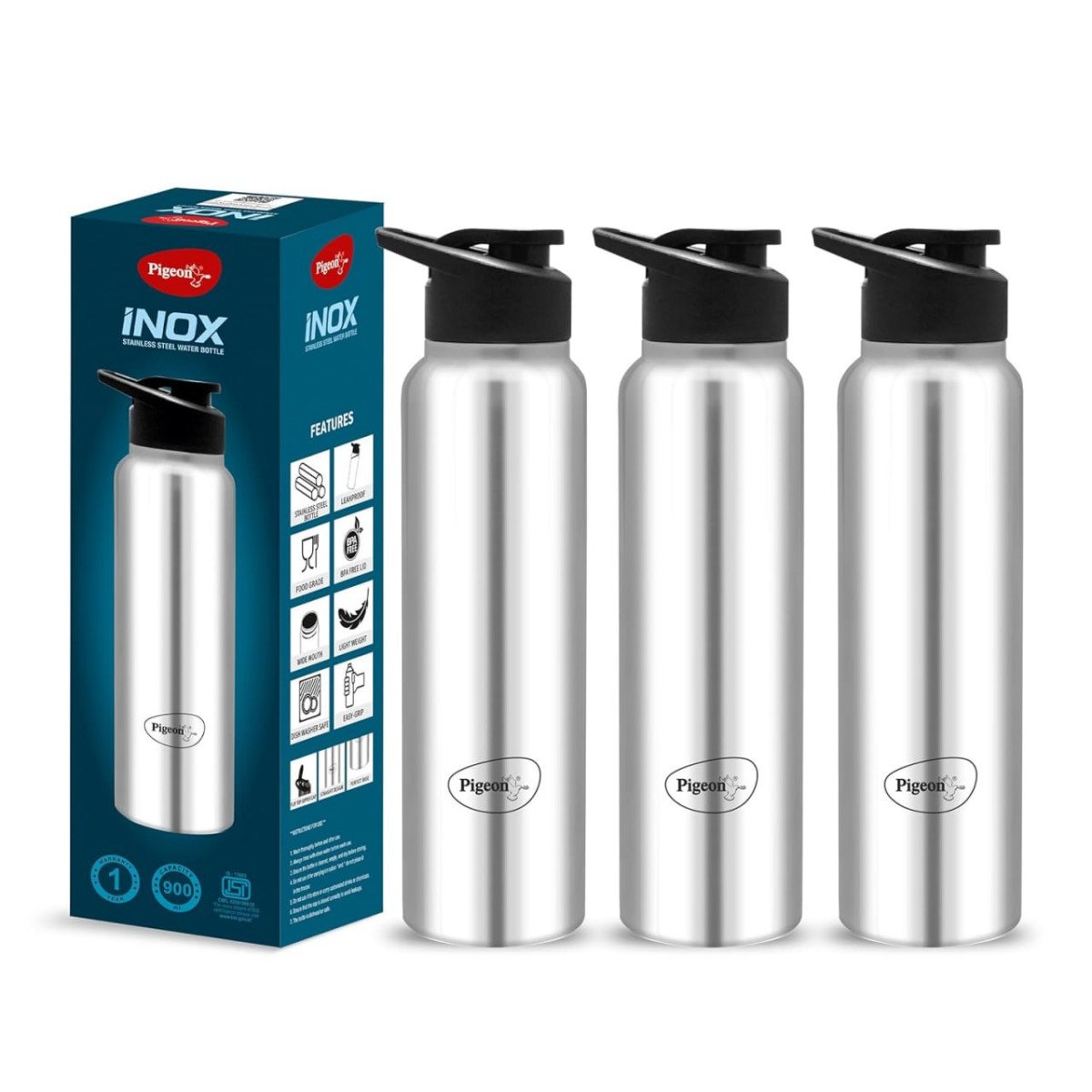 Pigeon By Stovekraft Inox Hydra 900ml Pack Of 3 Stainless Steel Drinking Wa