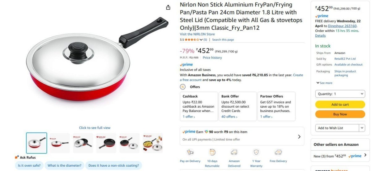 Nirlon Non Stick Aluminium Frypan 1 8 Litre 452 – Best Price in India