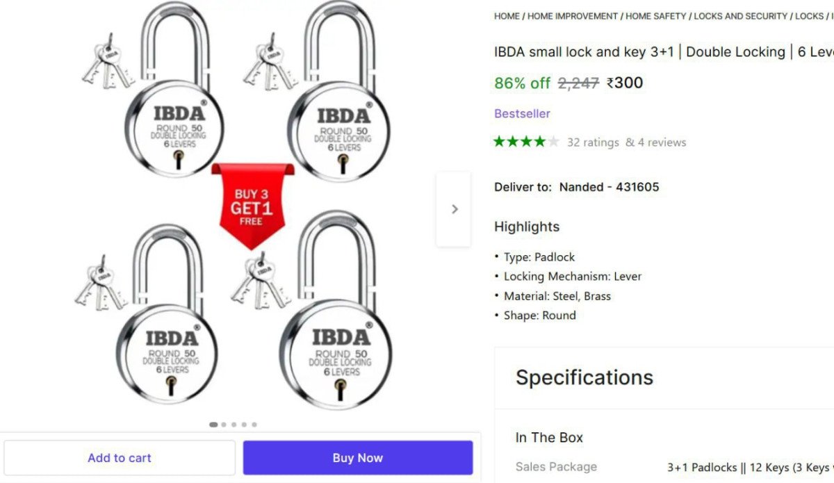 Pack of 4 Padlock with Keys at ₹300



More Details 👉 
