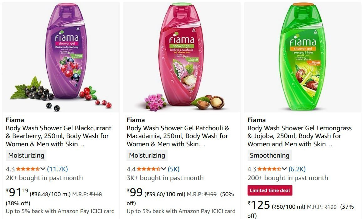 Body Wash Starts at ₹91

Fiama : 
Palmolive : 
Dettol : 

