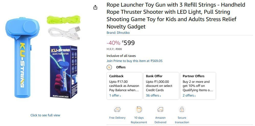 Rope Launcher Toy Gun With 3 Refill Strings 599