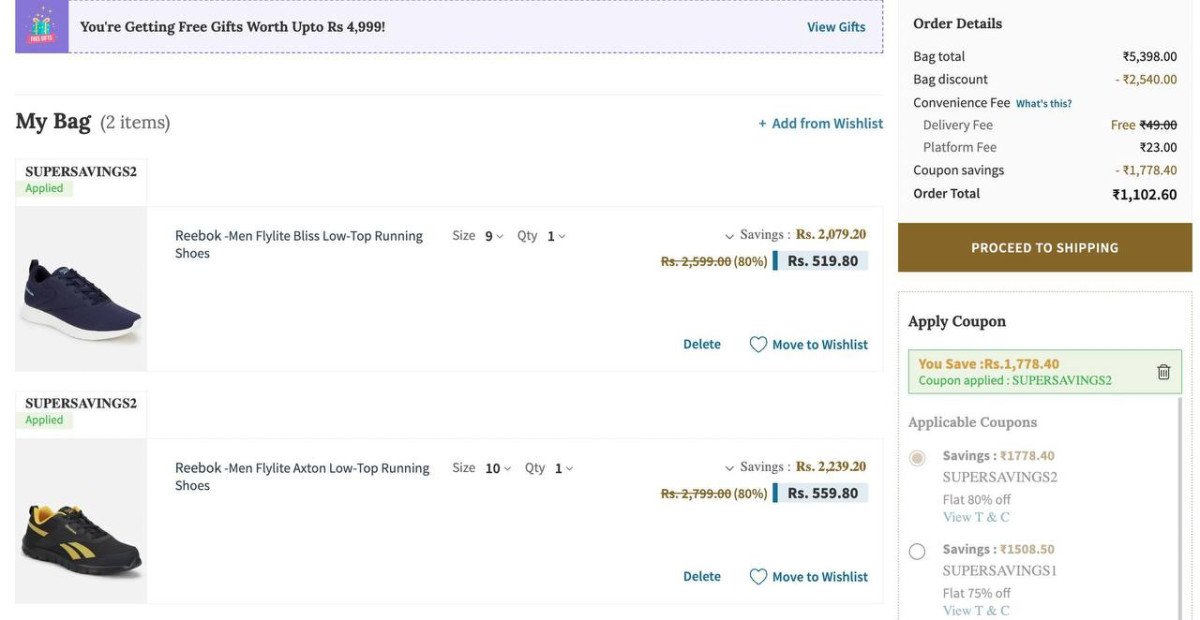 AJIO Loot : Flat 80% Off On Premium Brands.

Apply Code : SUPERSAVINGS2

Reebok : 
GAP : 
Spykar : 
Marks & Spencer : 
UCB : 
Pepe Jeans : 
Van Heusen : 
Clarks : 
Saucony : 

Loot : Flat 75% Off On P...