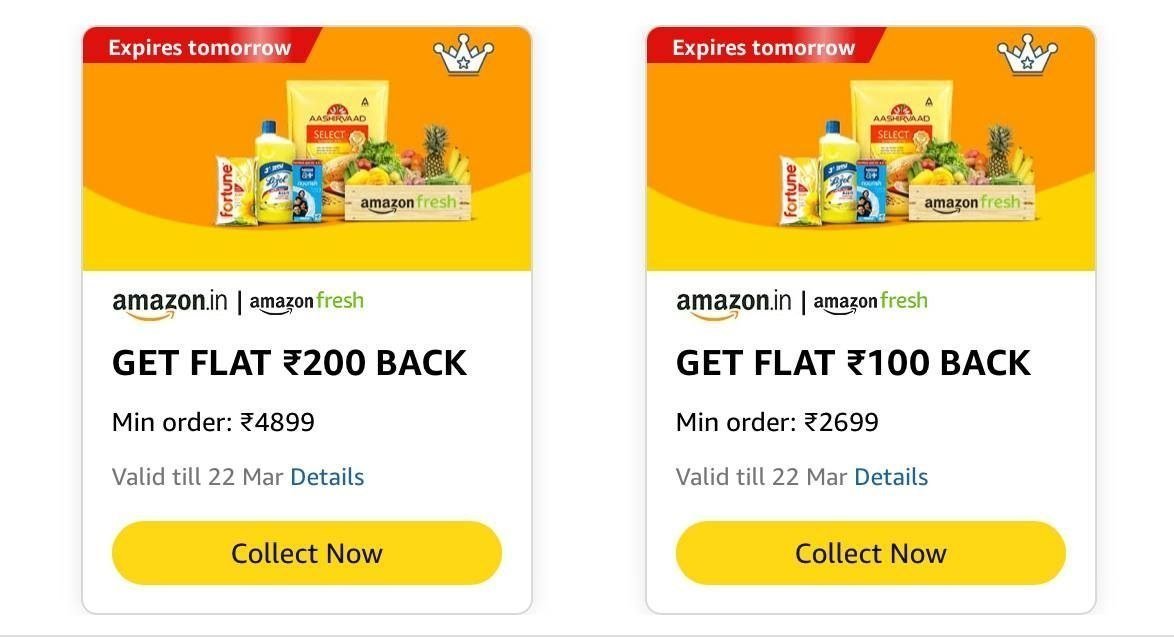 Amazon Fresh : Cashback Offers

₹200 Cashback On 4899 Order
₹100 Cashback On 2699 Order

Collect 🔗


Best Deal Suggestions :

Fresh Deals Starting ₹1 : 
Link 1 : 
Link 2 : 

70% Off | MasterL...