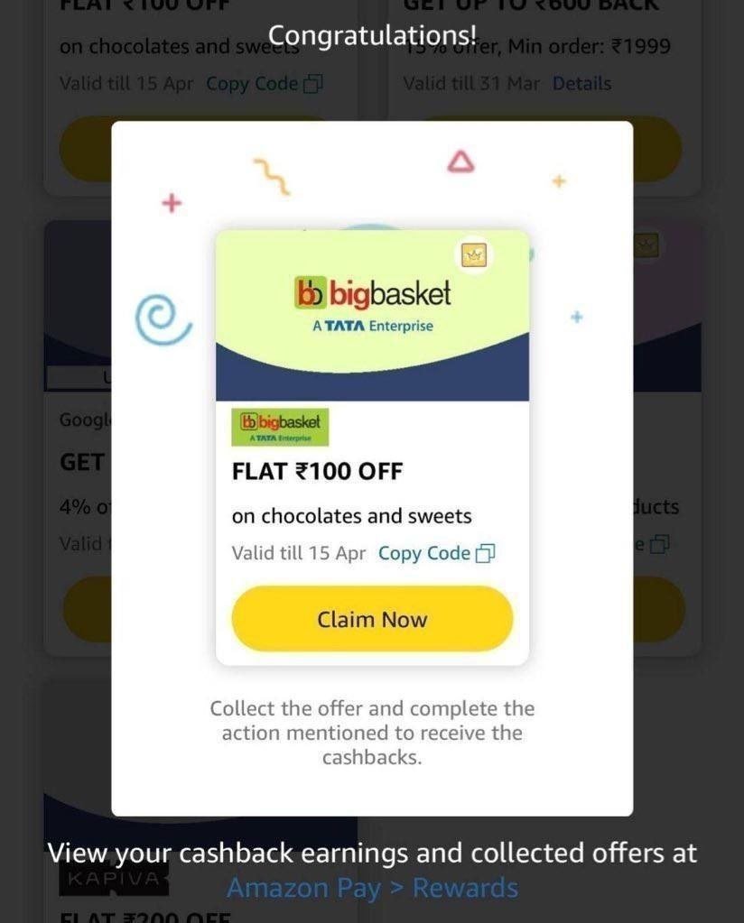 🔥Amazon x Bigbasket Free Chocolate & Sweet Offer 

➡️Open Amazon → Go To Rewards → Then Promotional Rewards.

➡️Check - 

➡️You’ll Get a ₹100 BigBasket coupon.

✅If it’s Not...