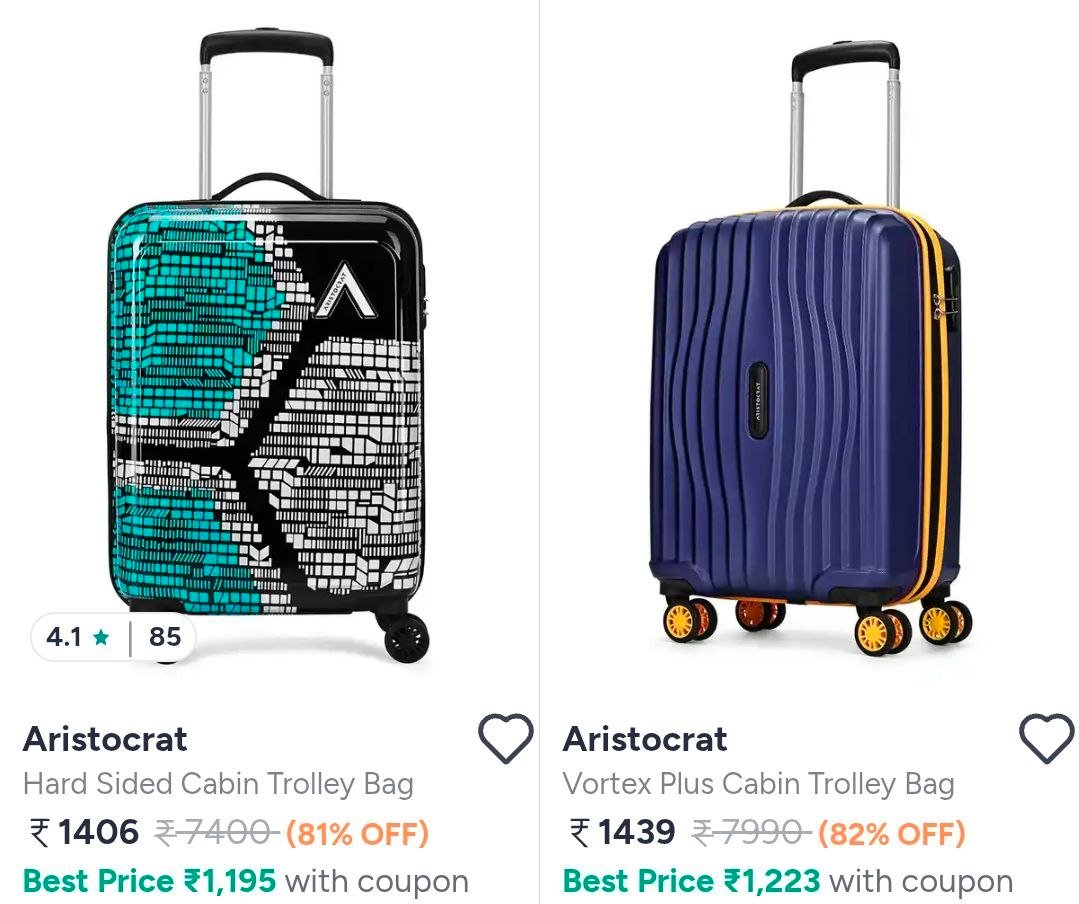 Myntra | 🔥Aristocrat Trolleys 1406
⚡

🔥Safari 8 W Hard trolleys 2149
⚡

🔥Wildcraft trolleys Hard Trolleys at 2449
⚡

🔥Hard Trolleys at 1199
⚡

🔥Wildcraft set of 3 Trolley at 614...