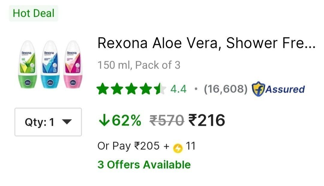 ✅ Loot : Rexona Deo Combo ( Pack of 3)  216

 

Loot : Pack of 2 @ 152
Deo :
Roll on Deo : 
Under Arm Deo  : 

Loot : Rexona Fragrances upto 70% off : 

More Details 👉 

📢 Join WhatsApp Deals
...
