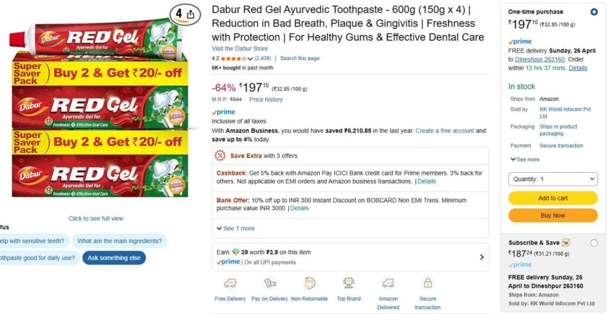 Dabur Red Gel Ayurvedic Toothpaste (150g X 4) 187subscribe Save – Best Pric