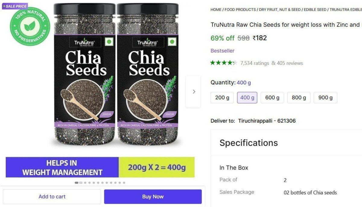 Trunutra Raw Chia Seeds (400 G Pack Of 2) 182