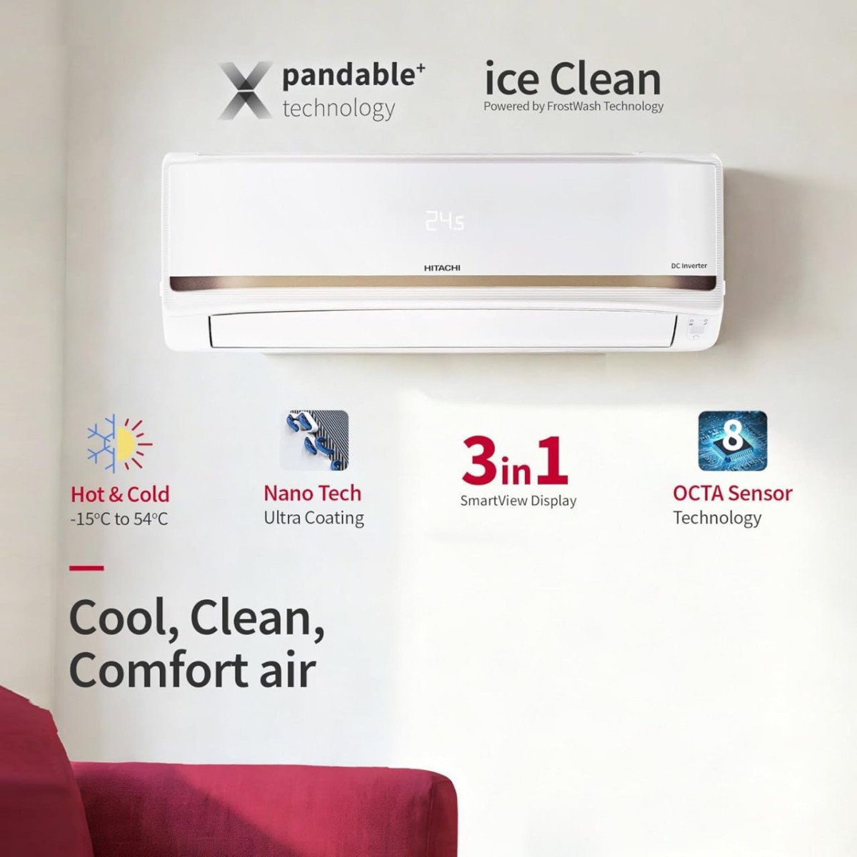 Hitachi 1 5 Ton 3 Star Inverter Split Ac Hot Cold 