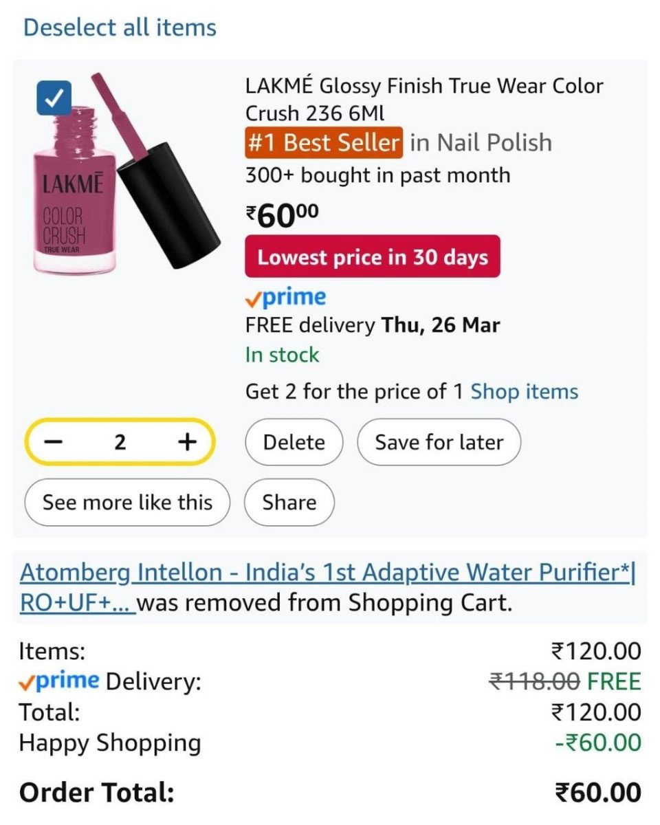 🔥🔥LAKMÉ Glossy Finish True Wear Color Crush 236 6Ml
Buy 1 get 1. 

🎁Deal price: ₹60

Buy here: 

More Details 👉 

📢 Join WhatsApp Deals


#DealsHeaven #LootDeals #BestDeals