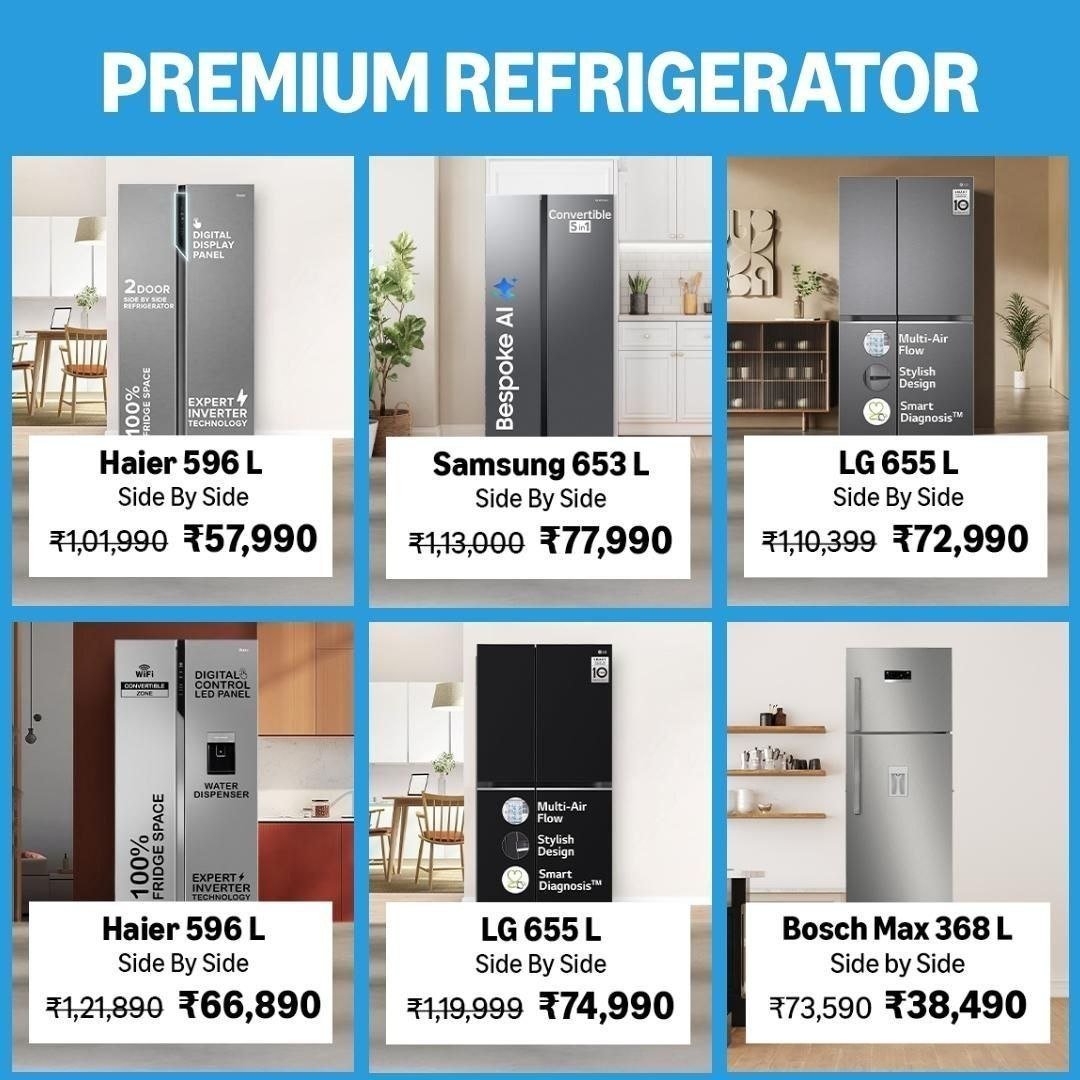 🔥 Premium Refrigerators 🔥

❄ Haier 596 L Side By Side
⚡ ₹ 1,01,990 | ₹ 57,990
👉🏻 

❄ Samsung 653 L Side By Side
⚡ ₹ 1,13,000 | ₹ 77,990
👉🏻 

❄ LG 655 L Side By Side...