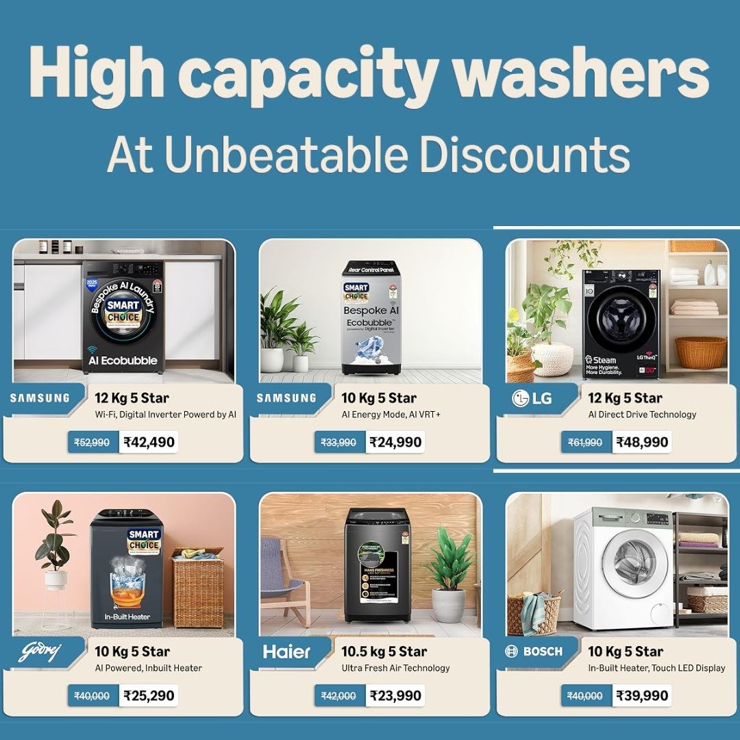 💥 High Capacity Washers 💥

🌟 Samsung 12Kg 5 Star
⚡️ ₹ 52,990 | ₹ 42,490
✔️ 

🌟 Samsung 10Kg 5 Star
⚡️ ₹ 33,990 | ₹ 24,990
✔️ 

🌟 LG 12Kg 5 Star
⚡️ ₹ 61,990...
