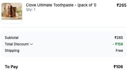 Clove Loot : Flat 60% OFF on Clove Dental Toothpaste & Oral Care Products

👉 Use Code: EW60

• Ultimate Toothpaste 106 : 
• Sensitive Toothpaste 116 
• Kids Toothpaste At 116 : 
• Mouthwash...