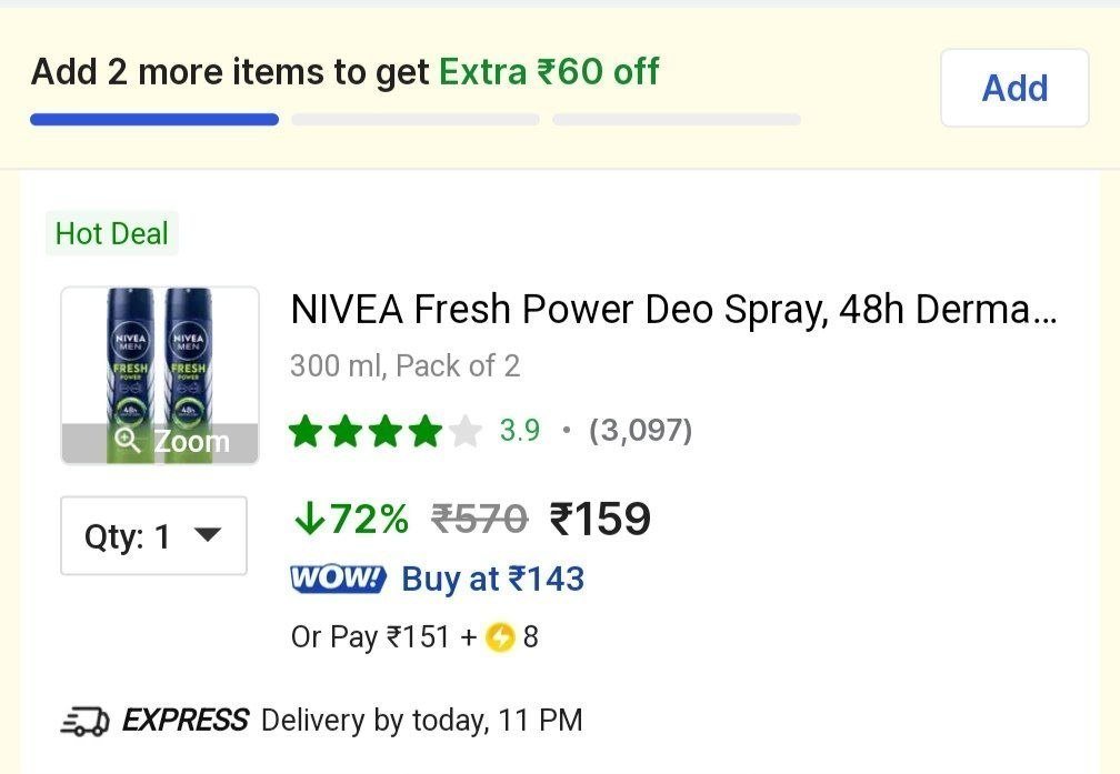 Flipkart | Nivea deo spray pack of 2 72% Off @ 159

Buy 2 ge