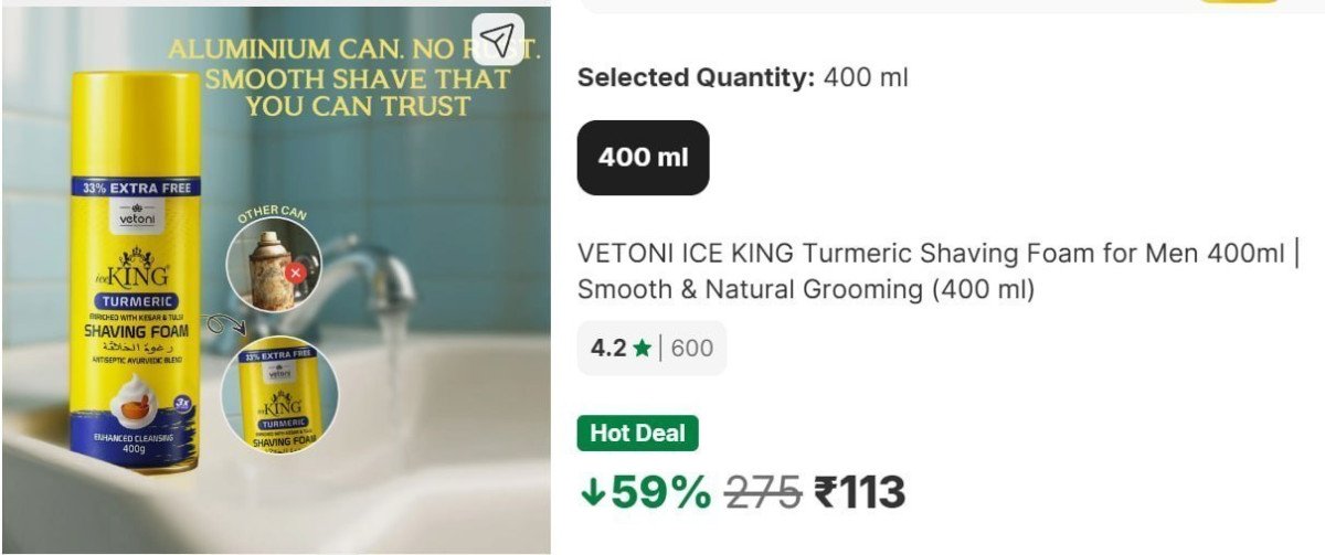 GRAB - Turmeric Shaving Foam, 400ml @ ₹113

Min Buy 2 : 

More Details 👉 

📢 Join WhatsApp Deals


#DealsHeaven #LootDeals #BestDeals
#deals 
#budgetfriendly 
#hotdeals
#trending
#dealofthed...