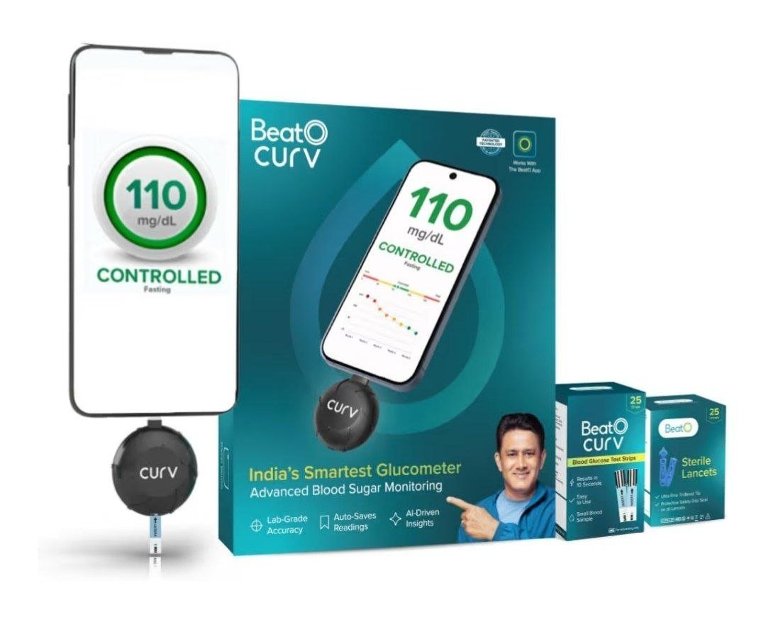 🔥🔥BeatO CURV Sugar Test Machine | FREE 25 Strips & 25 Lancets (Type-C USB Connector) |Smartphone Connected Glucometer Machine | Android only | ISO Certified: Made in India, Black

🎁 Deal Pric...