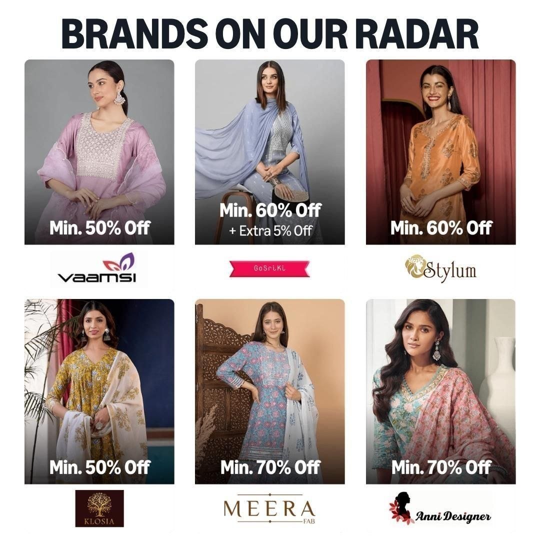 🌟 Brands On Our Radar 🌟

🚩 Vaamsi
⚡ Min. 50% off
👉🏻 

🚩 GoSriki
⚡ Min. 60% off
+ Extra 5% off
👉🏻 

🚩 Stylum
⚡ Min. 60% off
👉🏻 

🚩 Klosia
⚡ Min. 50% off
👉...