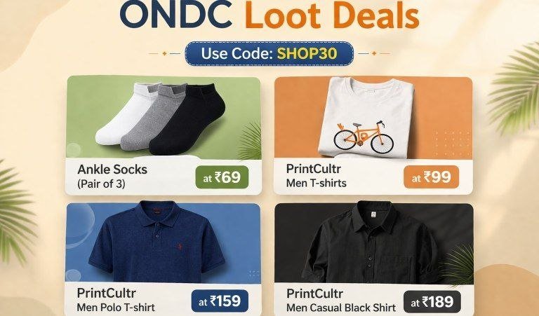 ONDC Loot Deals 🔥🔥

Use Code : SHOP30 

● Ankle Socks (Pair of 3)  at 69 - 
● PrintCultr Men T-shirts at 99 - 
● PrintCultr Men Polo T-shirt at 159 - 
● PrintCultr Men Casual Black Shirt...