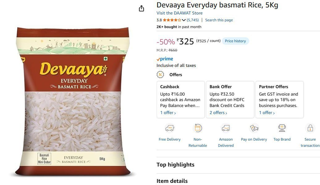 Devaaya Everyday Basmati Rice 5kg 325