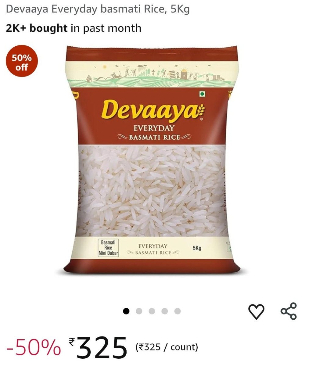 Amazon 50 - Devaaya Everyday Basmati Rice 5kg At R