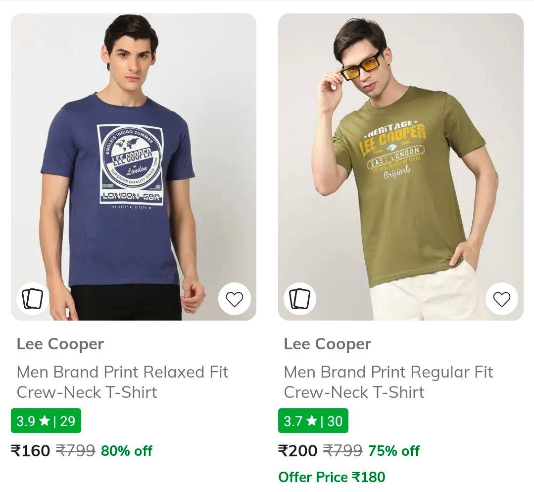 AJIO Loot : Upto 80% Off On Lee Cooper Mens Clothing. 

Master Link : 

T-Shirt : 
Shirts : 
Jeans : 
Shorts : 
Sweatshirts & Hoodies : 

Womens Clothing.

Master Link : 

T-Shirt : 
Top & Shirt : 
Je...