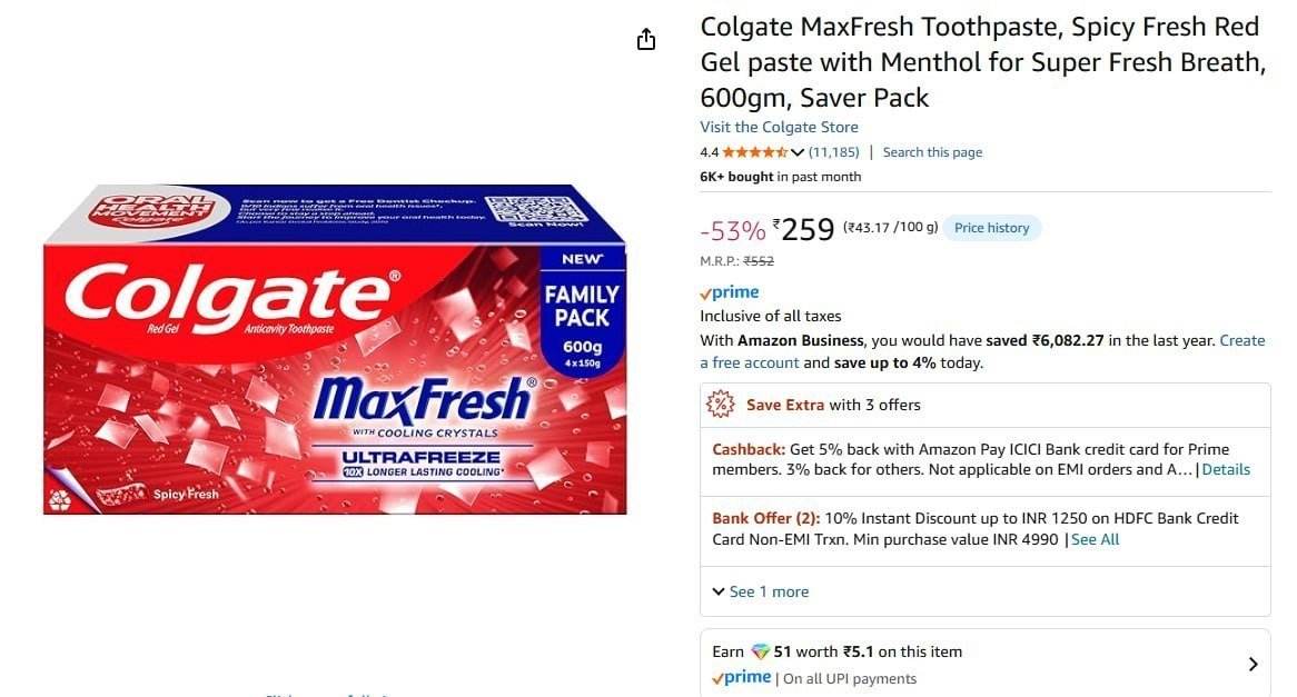 Colgate Maxfresh Toothpaste (150g X 4) 259