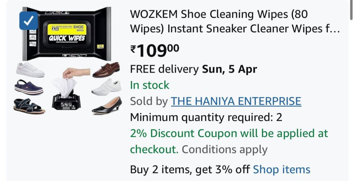 Loot : Shoe Cleaning Wipes (80 Wipes) @109.

Min 2 Qty : 

More Details 👉 

📢 Join WhatsApp Deals


#DealsHeaven #LootDeals #BestDeals
#deals 
#budgetfriendly 
#hotdeals
#trending
#dealoftheda...