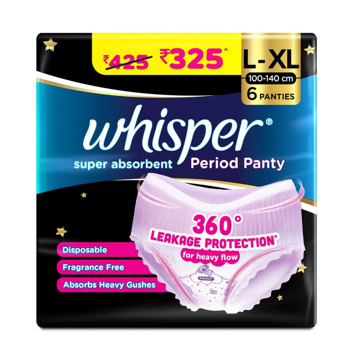 Whisper Super Absorbent Period Panty 6 L-xl Pants 360 Degree Leakage Protec