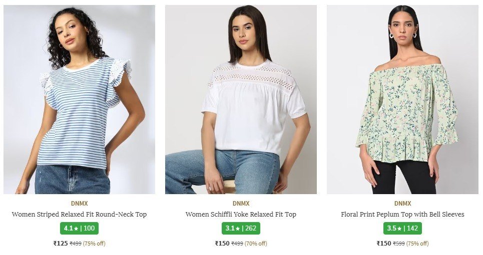 AJIO Loot : DNMX Clothing Starts @ Rs.125 + Bank offers 

💥Men’s : 
⚡T-Shirts :  
⚡Jeans :  
⚡Shirts :  
⚡Sweaters & Cardigans :  
⚡Sweatshirt & Hoodies :  
⚡Shorts :  
⚡Trousers & ...