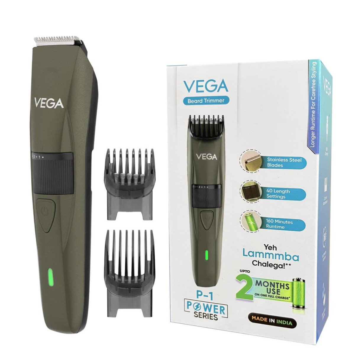 Vega P1 Battery Powered Beard Trimmer For Men Usb C Type 160 Mins Runtime 7