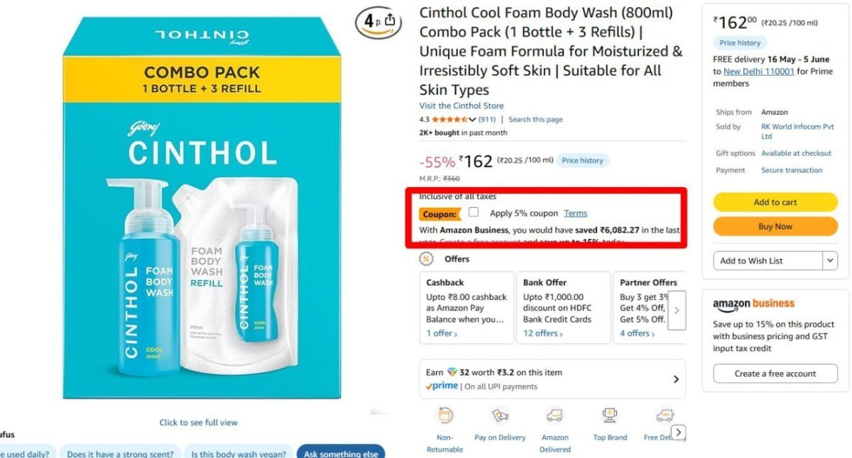 Cinthol Cool Foam Body Wash (800ml) 153 Apply 5 Coupon