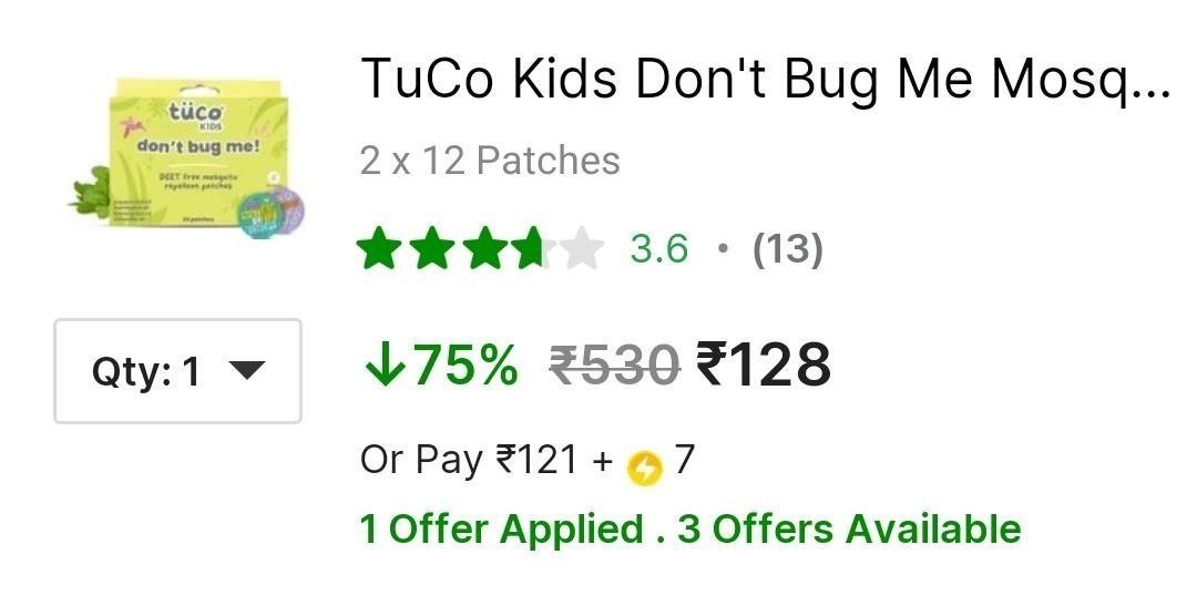 ✅ LOOT: Upto 75% Off on TuCo kids products

TuCo Kids Mosquito Repellent Patches - 12 pcs (Pack of 2) @ 128  :  

Kumkumadi Face Cream (50 g) @ 186 :  

SPF 30 Face Cream & Sunscreen  (30 g) @ 239 :...