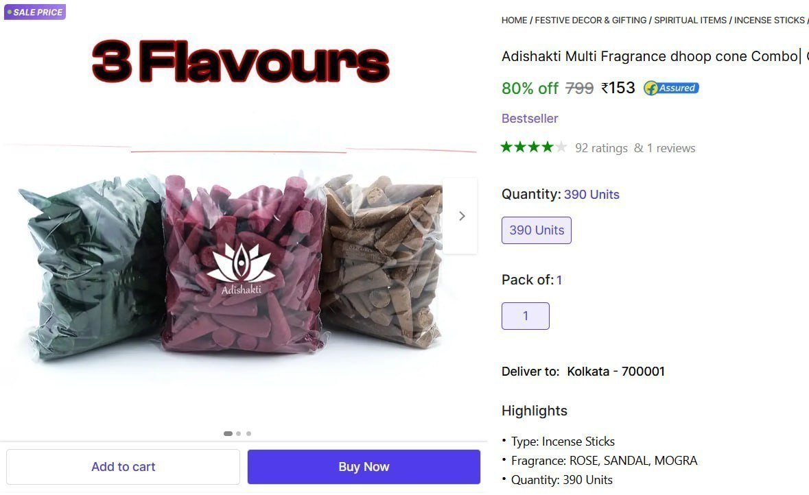 Dhoop Cone Combo (390 Units Set Of 1) 153 Rose Sandal Mogra