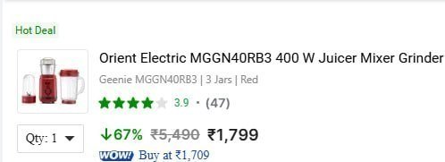 Flipkart 67 - Orient Electric 400 W Juicer Mixer At Rs 1799