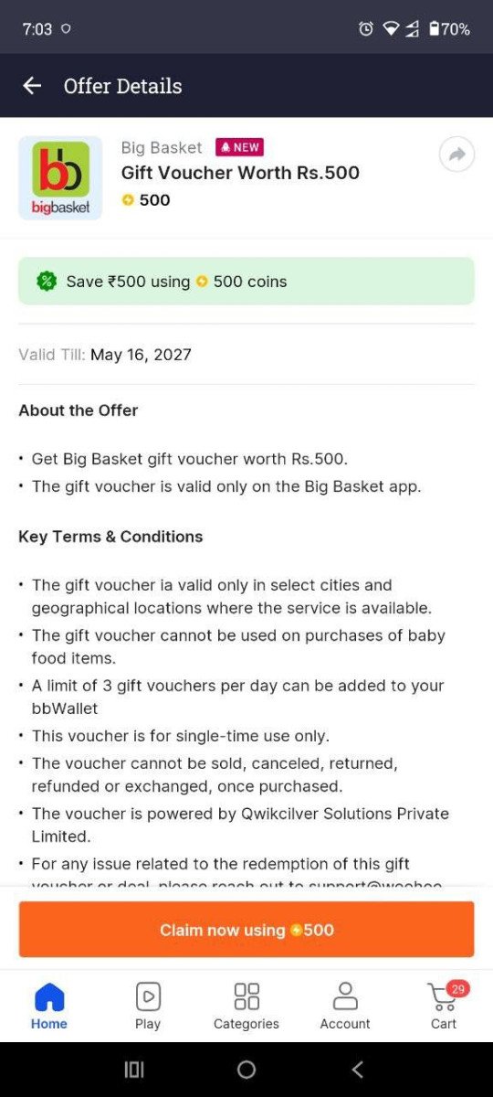 Flipkart Get Rs 500 Bigbasket Gift Card Using 500 Supercoin Claim
