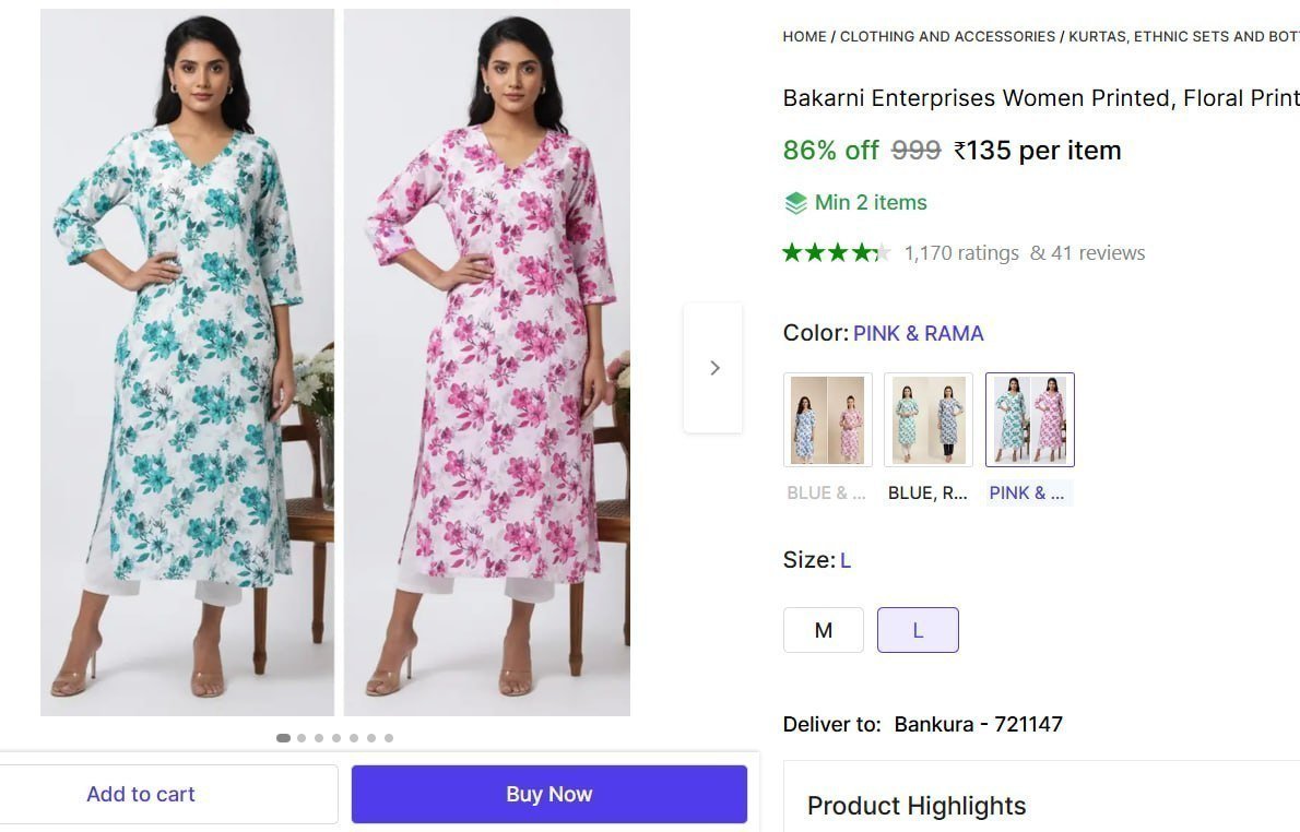 Women Printed Floral Print Kurta 135 Min 2 Buy