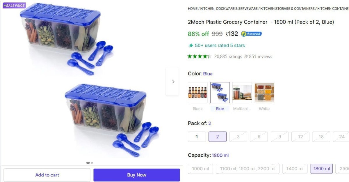 Plastic Grocery Container - 1800 Ml (pack Of 2) 132