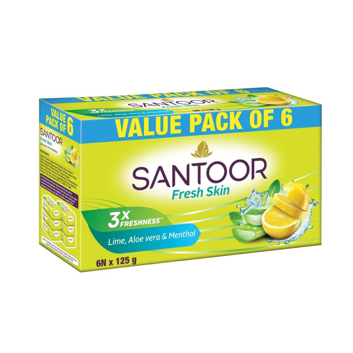 Santoor Fresh Skin Aloe Vera Lime Bathing Soap 125g Pack Of 6 182