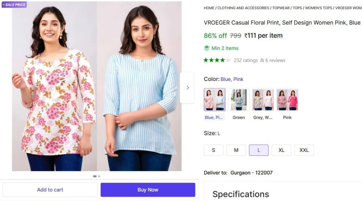 Women Casual Pink Blue Top 111 Min 2 Buy