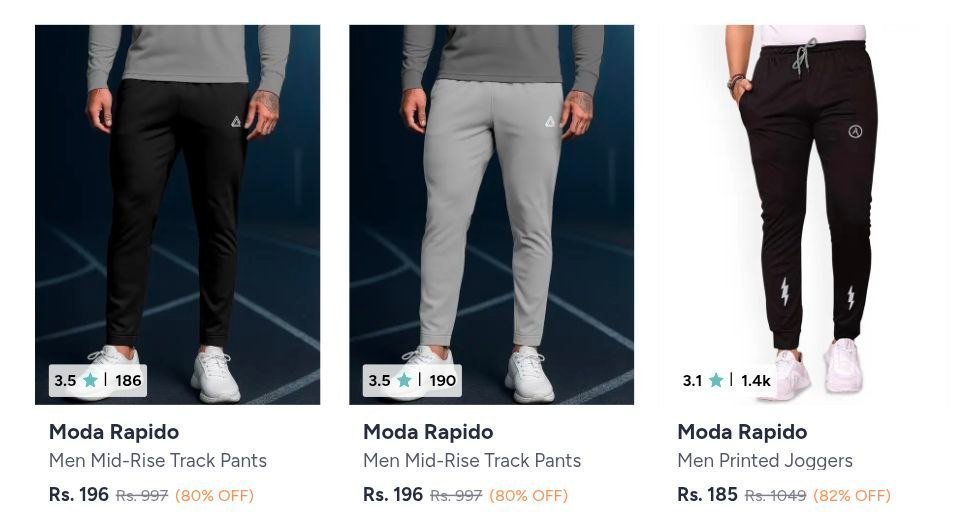 Myntra Mens Ltd Deals Live Tonight Time 8 Pm 12 Am (limited Time Deals) Trendy Styles From Moda Rapido At Crazy Prices Track Pants Under 249 S