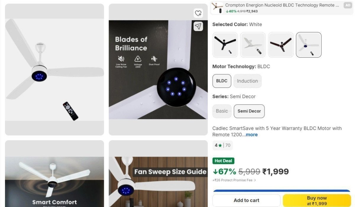 Cadlec Bldc Motor With Remote 1200 Mm Ceiling Fan 1999