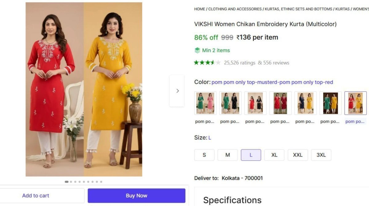 Women Chikan Embroidery Kurta 136 Min Buy - 2