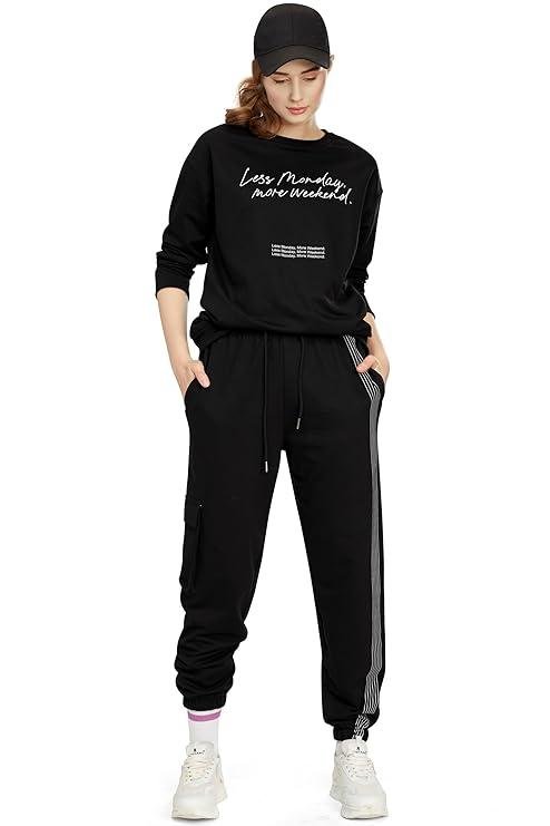 Zeyo Women S Cotton Track Suit Typography Printed Sweatshirt Co-ords Set 200