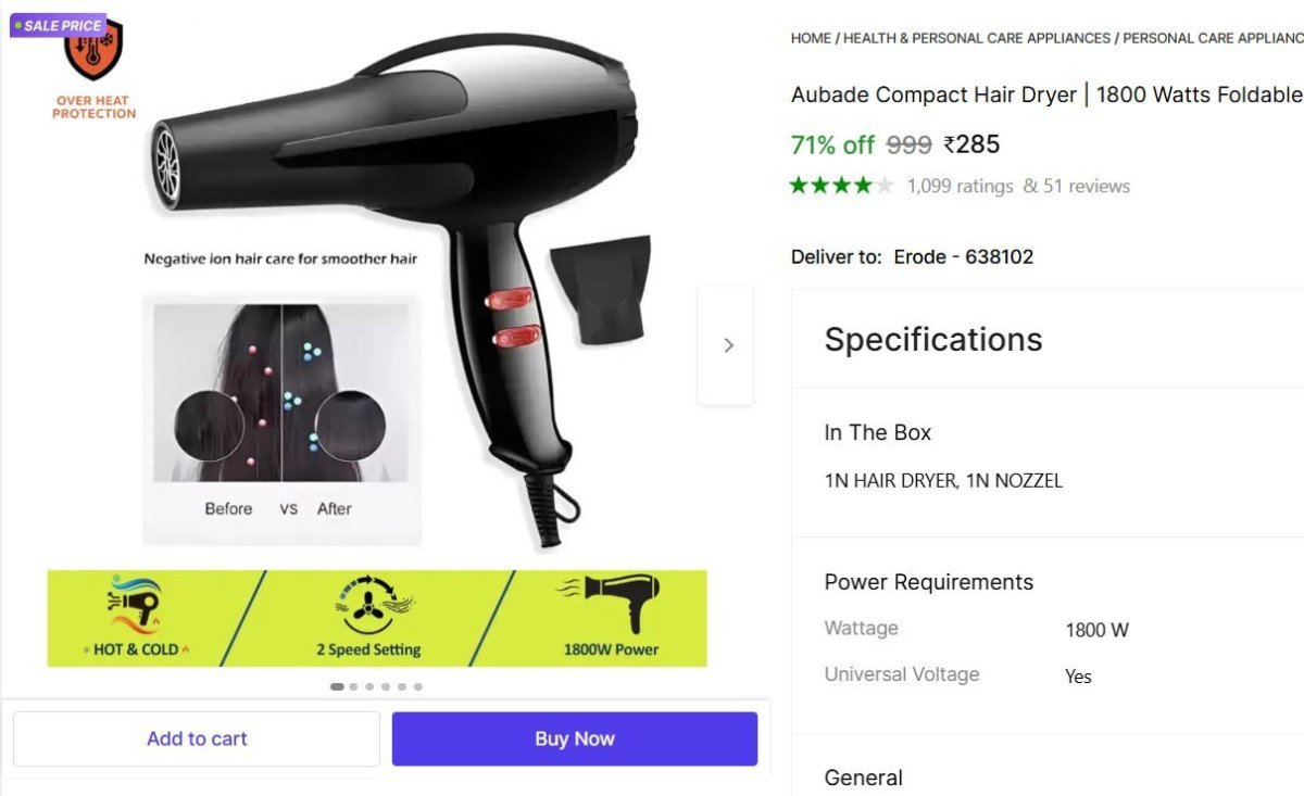 Watts Foldable Hair Dryer At 285