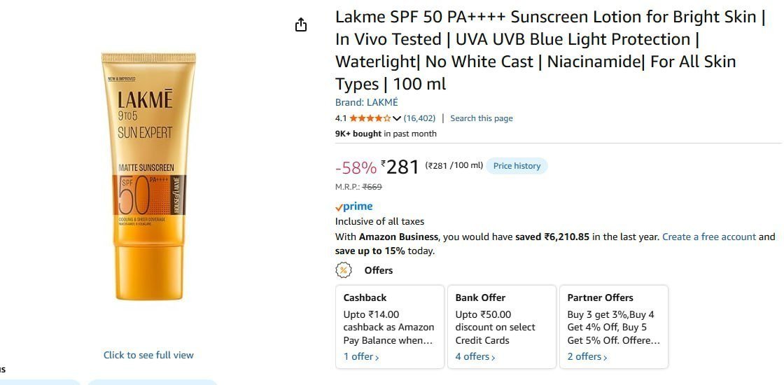 Lakme Spf 50 Pa Sunscreen Lotion 100 Ml 281