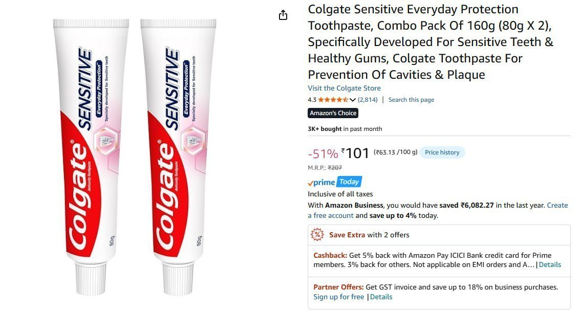 Colgate Sensitive Toothpaste (80g X 2) 101min 3 Buy